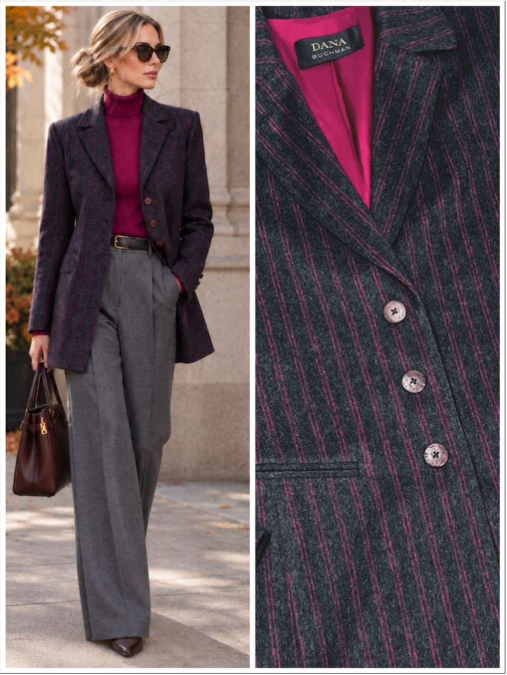 Dana Buchman Womans Blazer Striped Blazer 2 Grey Magenta Fuchsia Wool Cashmere